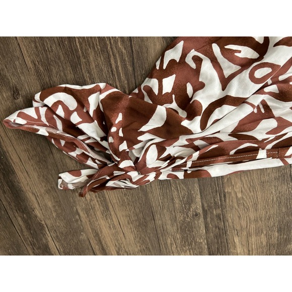 MSK Brown White Abstract Print Smocked Strapless Jumpsuit Tie Waist Ankle Medium - Picture 4 of 5